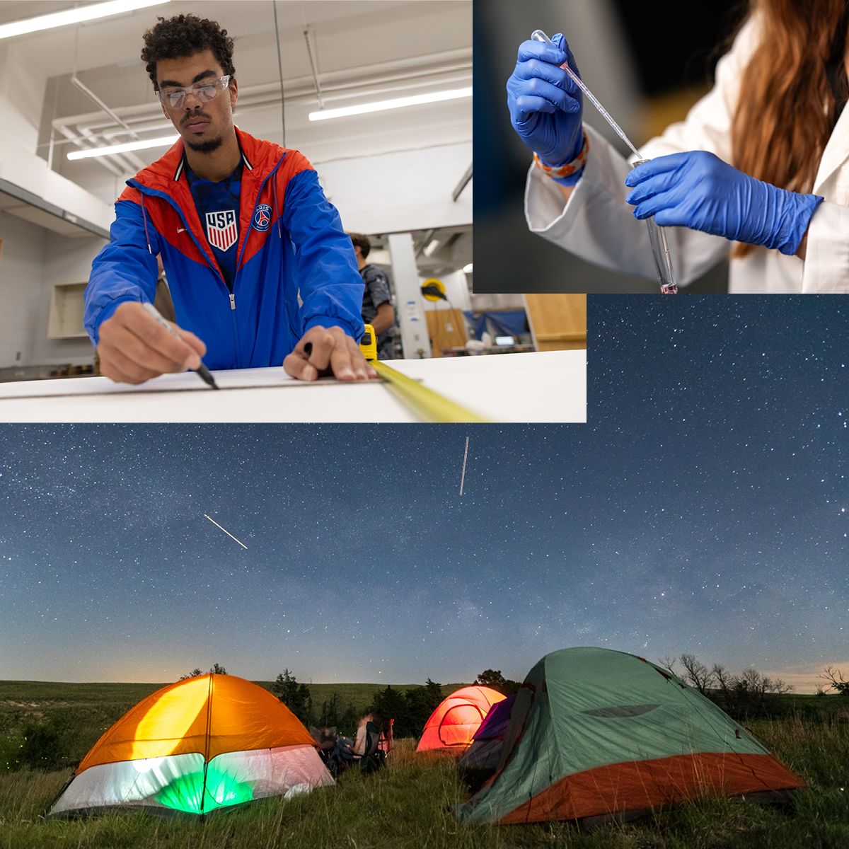 A collage of three photos: a student wearing safety goggles and measuring a new design in a workshop, camping tents under a starry night sky, and a researcher measuring liquid in a test tube.