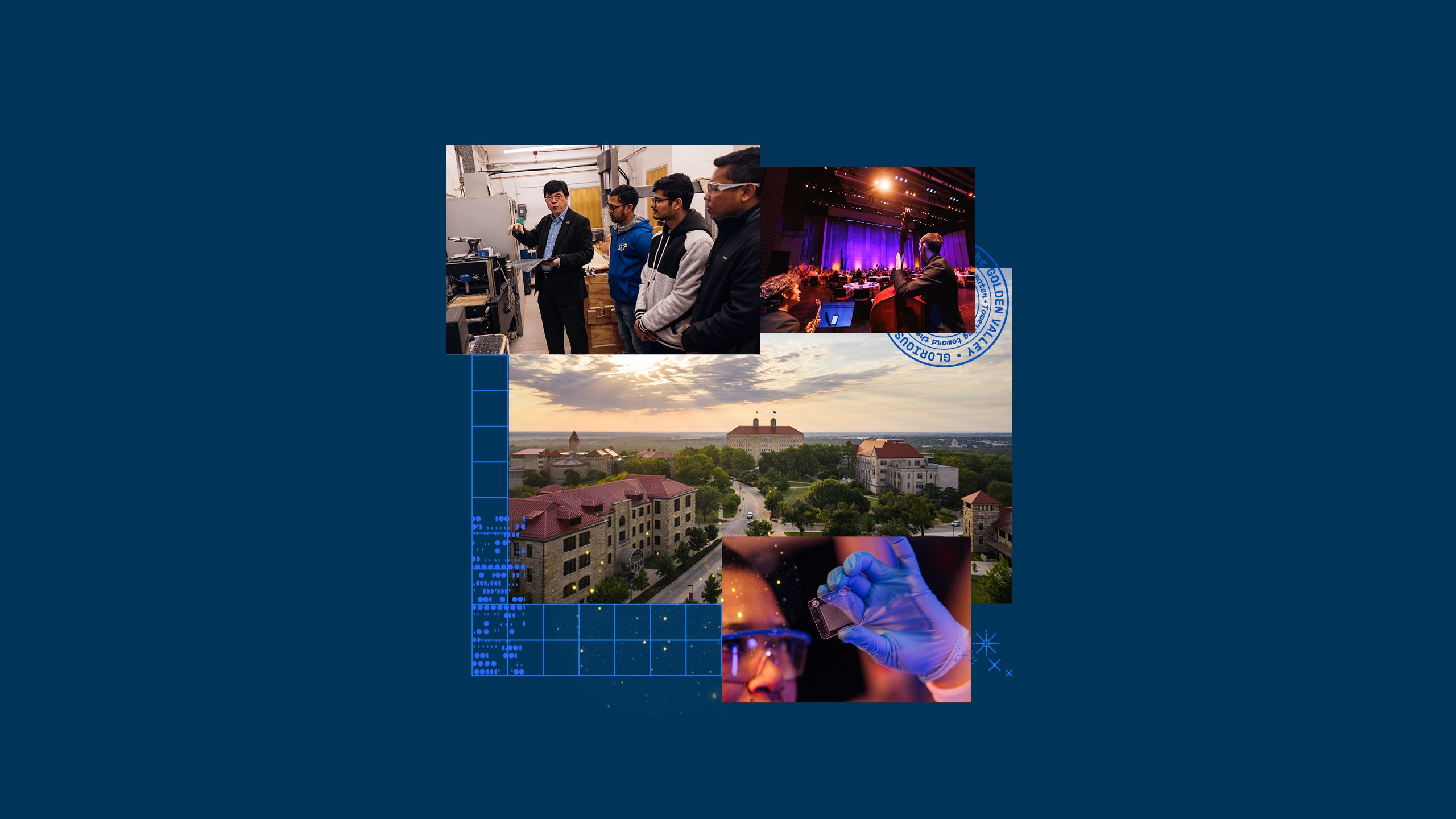 A collage of four photos: an engineering professor instructing three students in a lab, musicians performing at an elegant event, a researcher examining a microscope slide, and the sun shining over Jayhawk Boulevard.