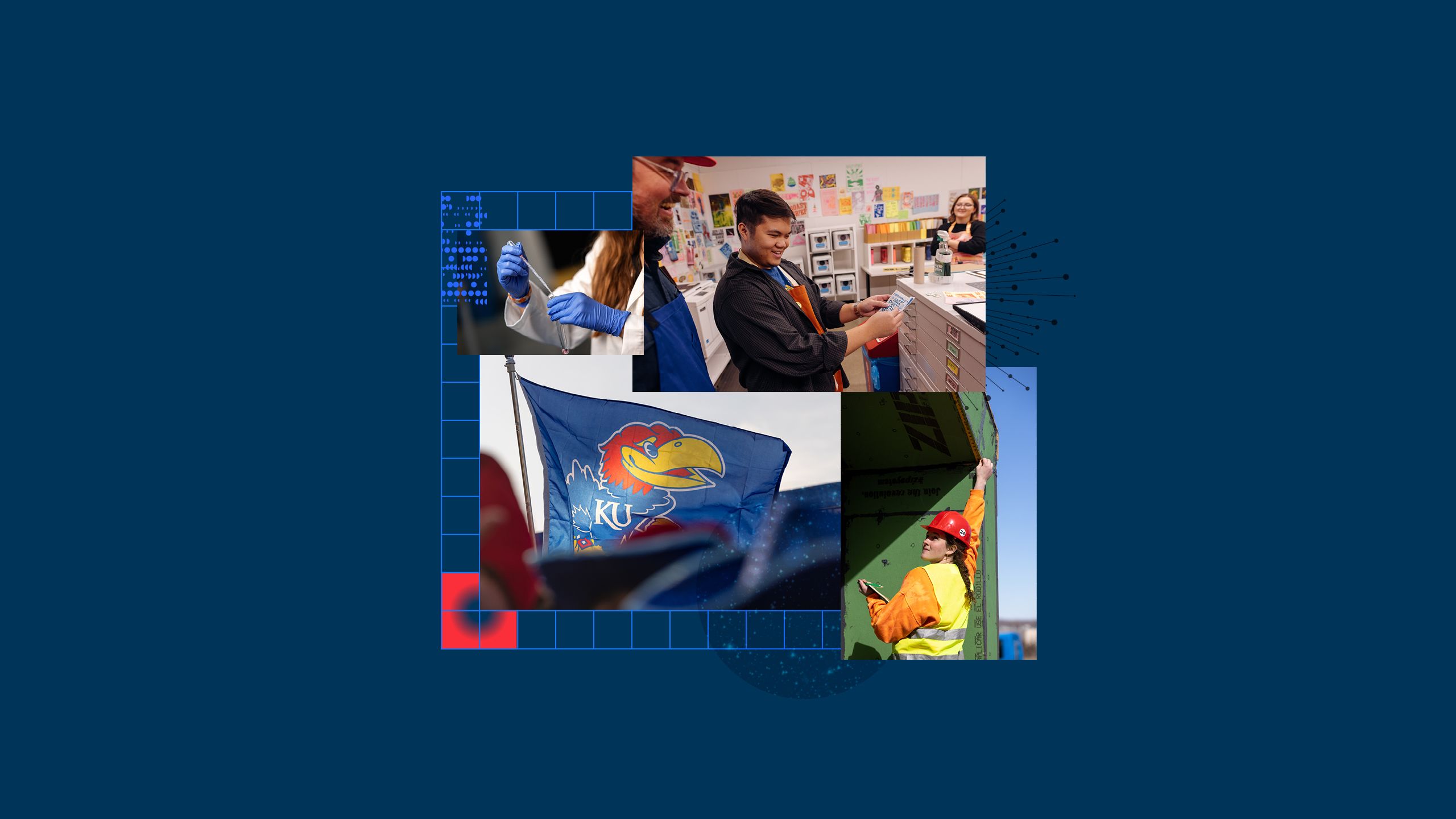 A collage of three photos: the sun shining through a blue flag with the Jayhawk logo on it, an architecture student working on a construction site, and a student admiring their risograph print in KU’s RISO lab.