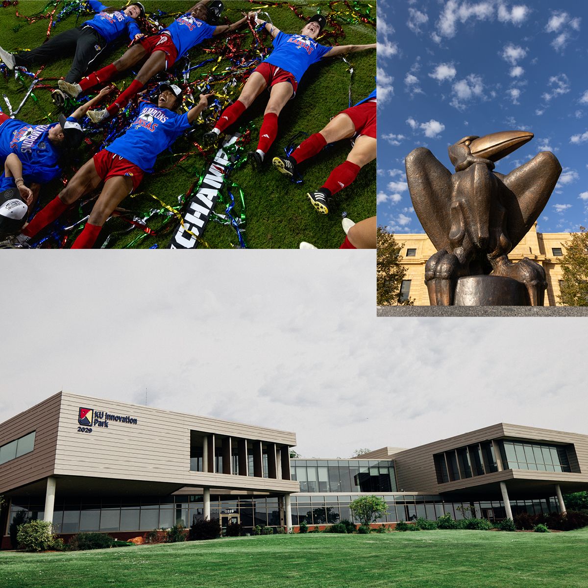 A collage of three photos: KU soccer players celebrating their Big 12 Championship on a confetti-covered field, the bronze Jayhawk statue in front of Strong Hall looking up toward the sky, and the KU Innovation Park building.