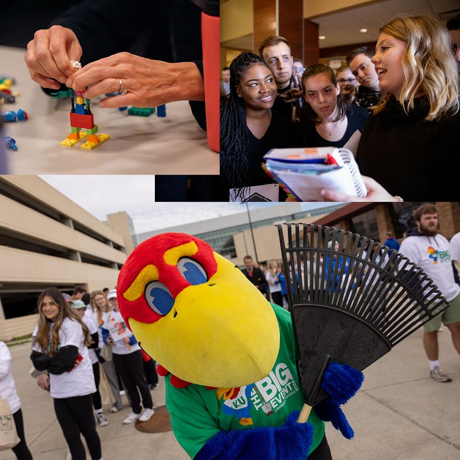 A collage of three photos: two hands creating a Lego construction, a group of students gathering around to look at information in a book, and Baby Jay holding a rake during a volunteer event.